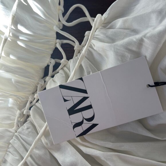 NWT Zara White Ruffle Sleeve Linen Blend Mini Ruched Dress Lace Up tie detail XS - Picture 13 of 15